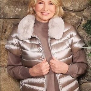 Martha Stewart Metallic Puffer Vest with Removable Faux Fur Collar